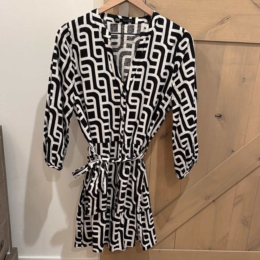 Zara Monochrome Long Sleeve Dress tie sash button up front size L